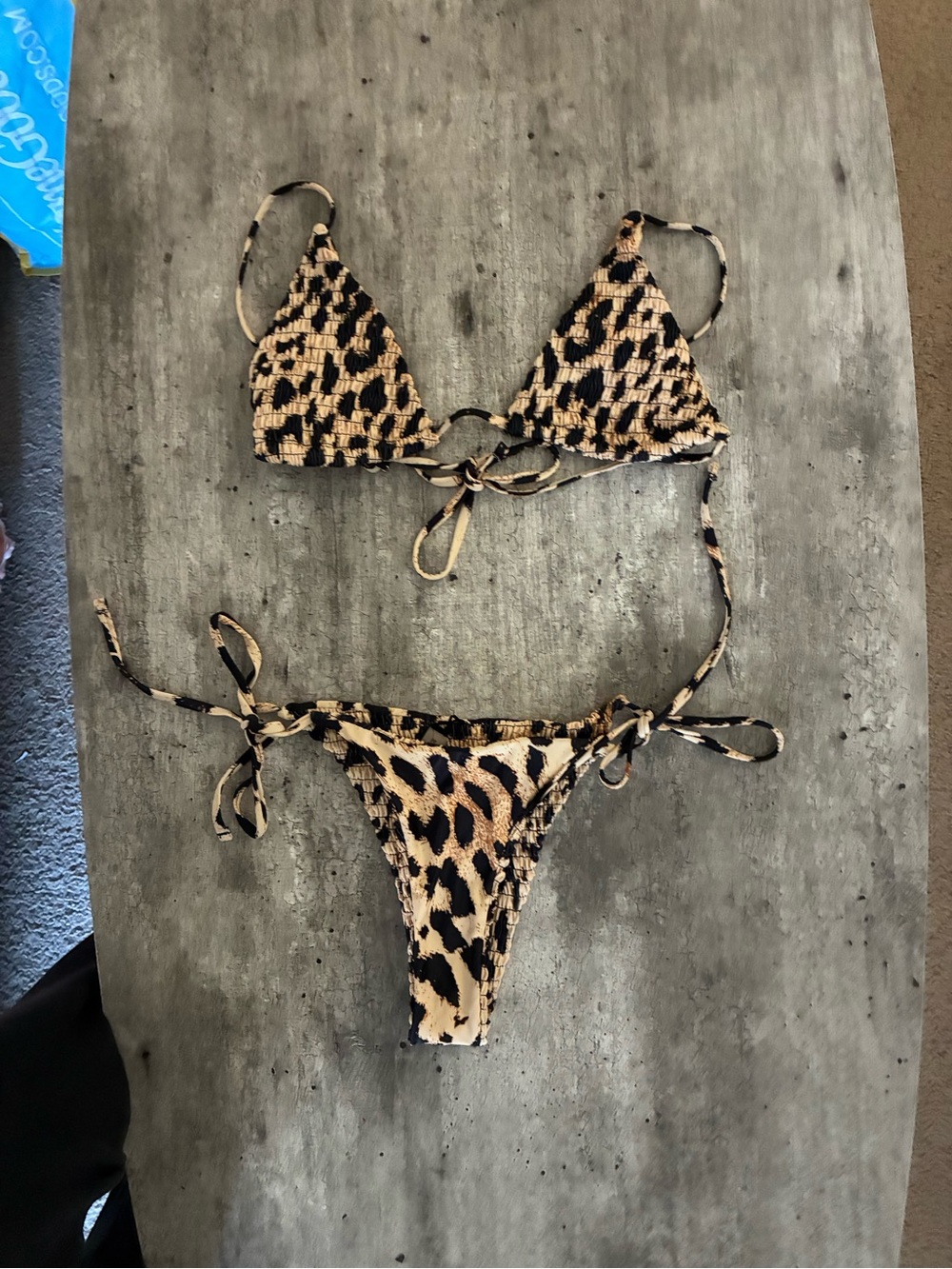 Zaful Leopard Print Triangle Tie-Side Bikini Set - Tan & Black
